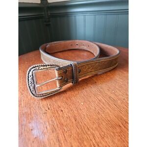 Ariat Mens Brown Tooled Leather Western Belt 38 Silver Engraved Buckle A1012402
